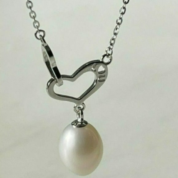 Stamped I LOVE U 925S‎ Silver Drop Freshwater Pearl Pendant Heart Necklace - Picture 13 of 16